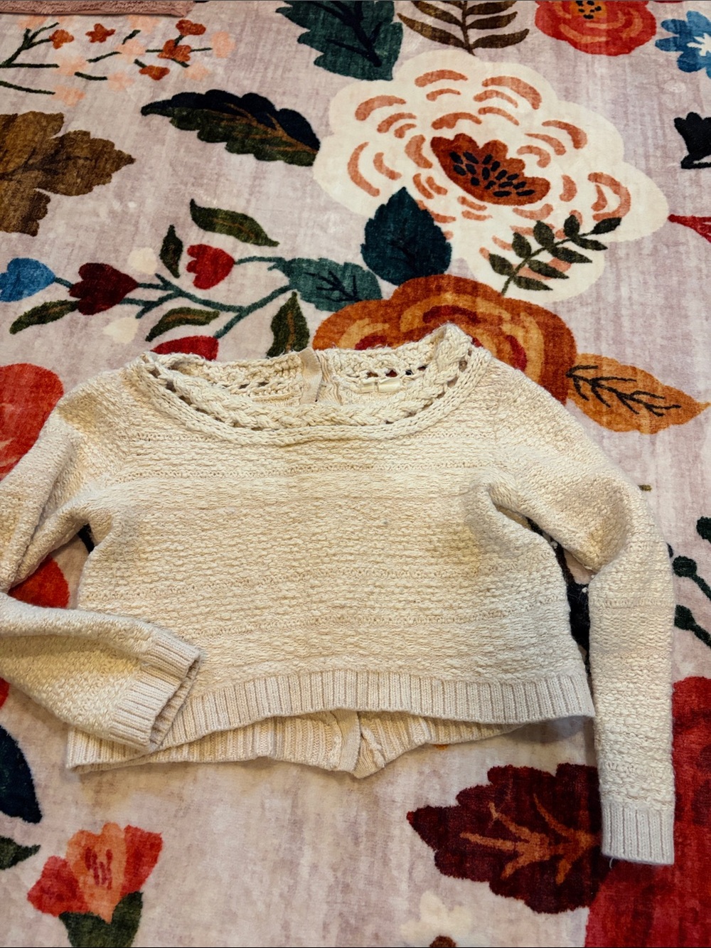 Moth Cream Crochet-Yoke Crewneck Sweater